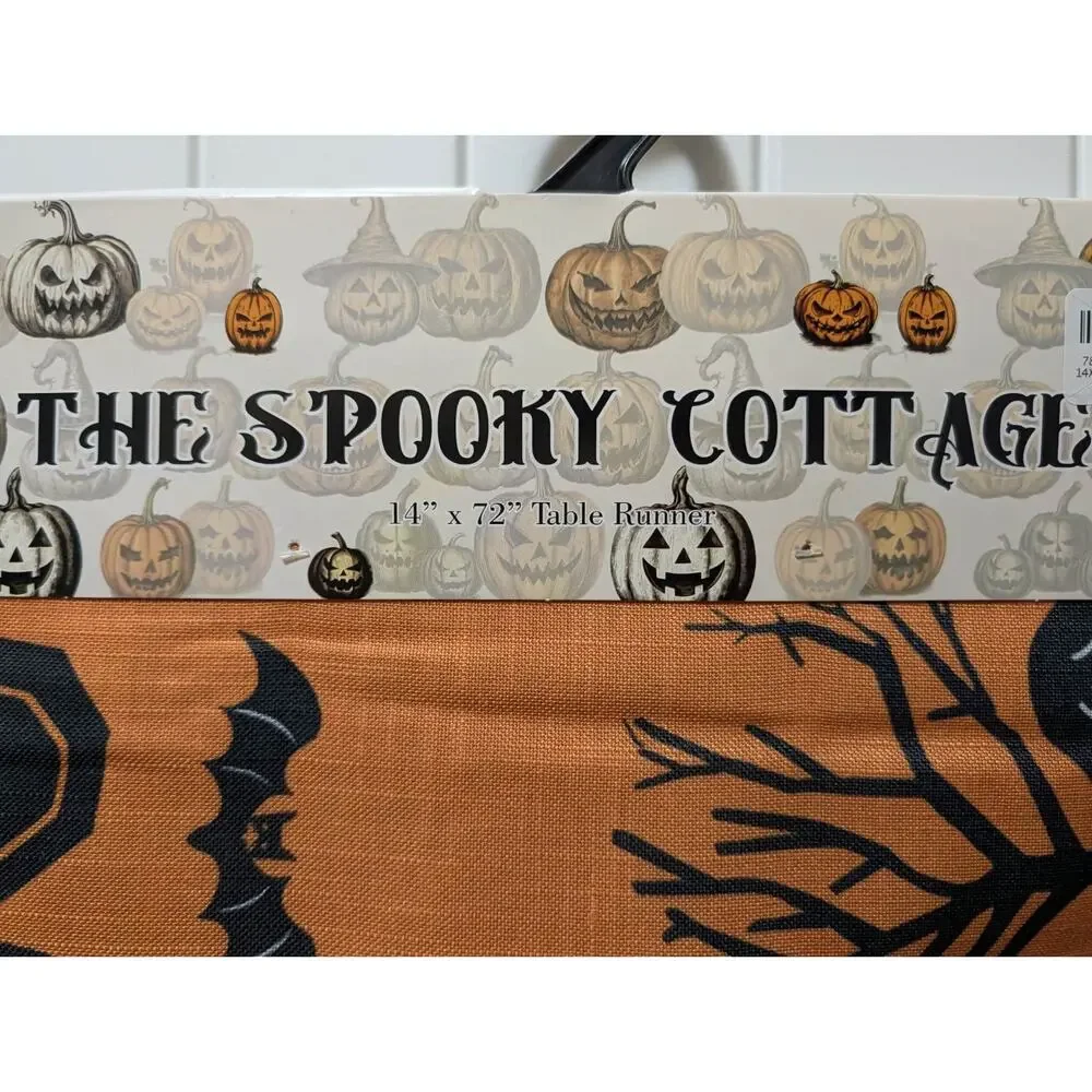NEW! The Spooky Cottage Halloween Table Runner Orange Black Graveyard Silhouette